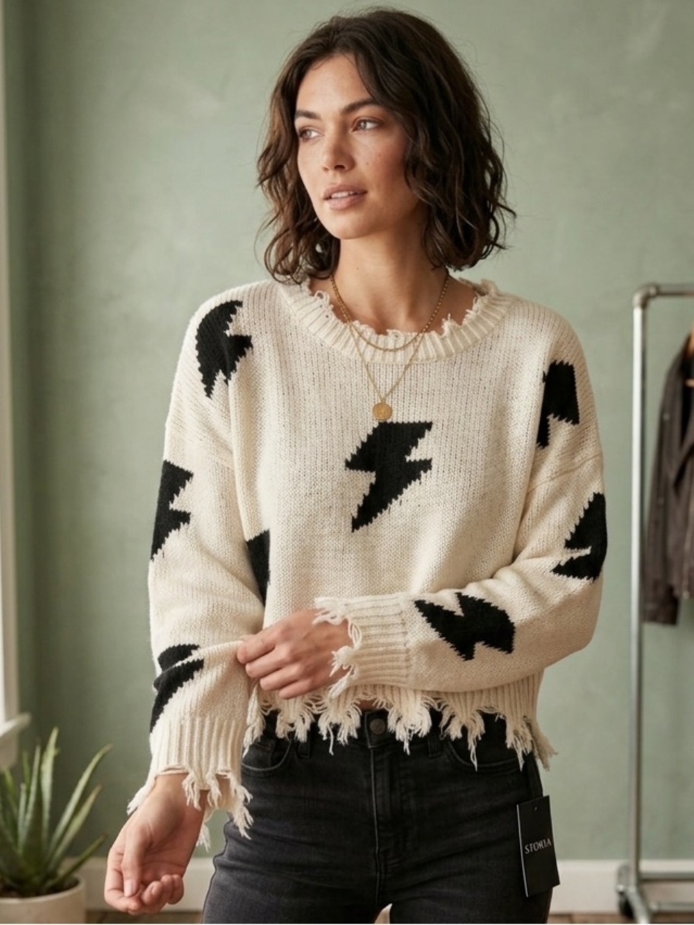 NWT Storia Distressed Lightning Bolt Cropped Sweater Edgy Ivory Black Size S